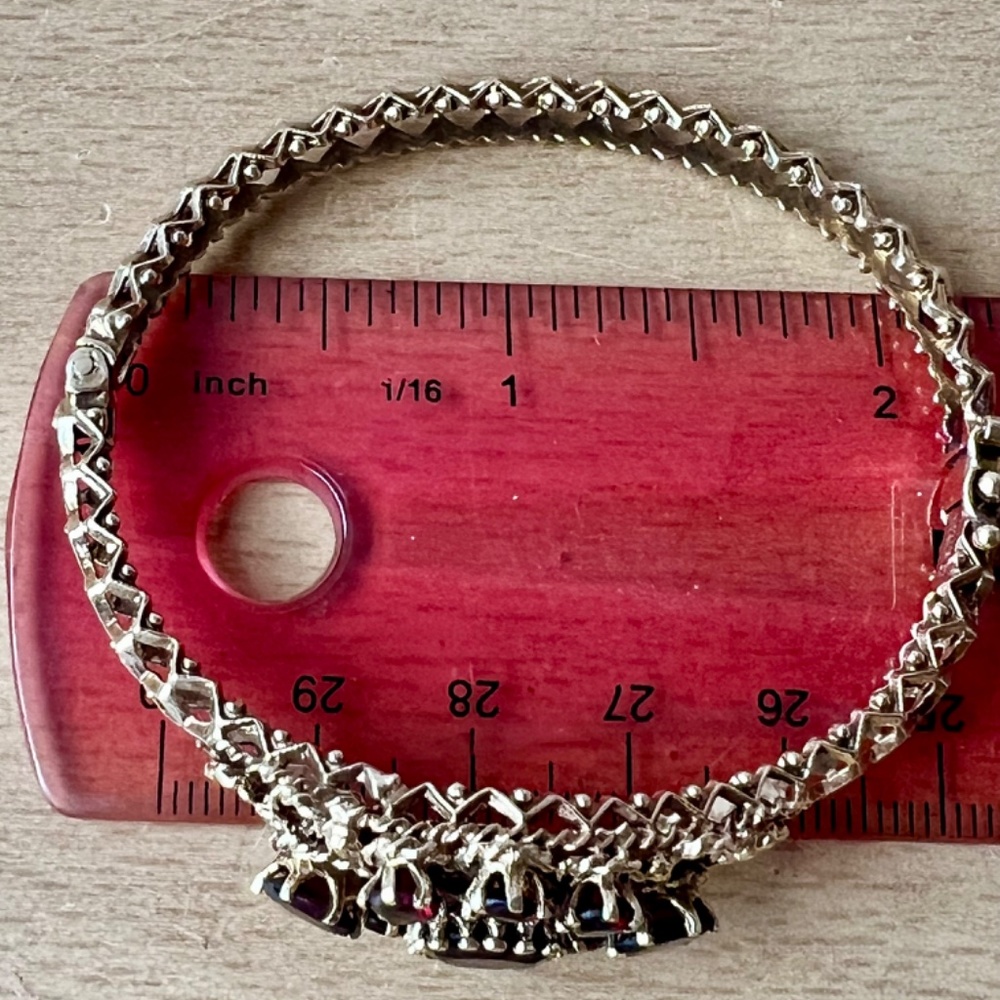 VINTAGE 14K YELLOW GOLD GARNET FILIGREE DESIGN BANGLE BRACELET CUSTOM UNIQUE - Picture 8 of 16